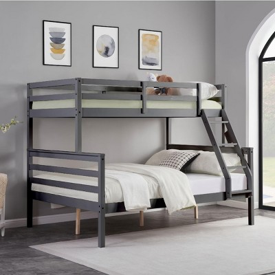 INFURNIC Beds Twin Over Full Bunk Bed with Guardrails Sturdy Wooden Frame and Ladder for Kids Teens, Grey, 78.35"*59.06"*61.81"