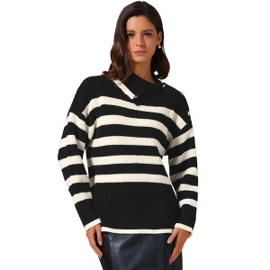 INSPIRE CHIC Women's Casual Lapel Collar Long Sleeve Striped Color Block Loose Pullover Sweaters - 1 of 4