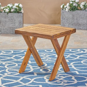 Outdoor Wooden End Tables, Modern Square Side Table, Acacia Wood Tables With Cross Base, Rustic Small Coffee Table For Patio, Teak - 1 of 4