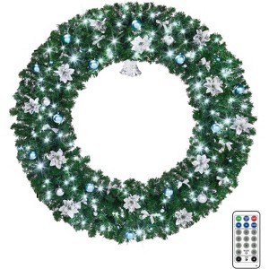 VINGLI 60" outdoor wreath with 220 LEDs, 600 tips, bells & blue-silver ornaments. Perfect for grand entrances, churches, and fences. - 1 of 4