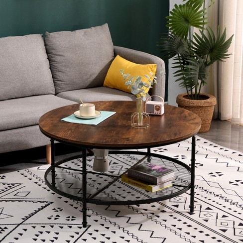 SUGIFT 2-Tier Round Coffee Table Rustic Accent Table with Wooden Tabletop and Padded Feet - image 1 of 4