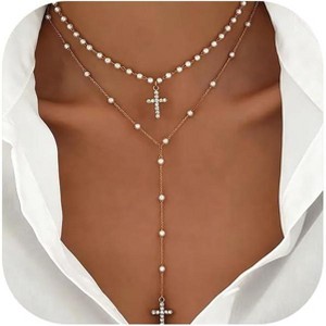 4-Piece Cross Necklace Set for Women, Bohemian Bead & Pearl Y-Pendant Layered Collection - 1 of 4