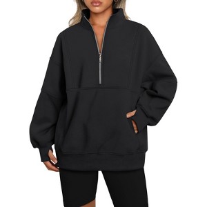 Clearlove Women's Thermal Fleece Lined Half Zip Pullover Stand Collar Relaxed Fit Sweatshirt with Functional Pockets Solid Color Casual Pullover - 1 of 3