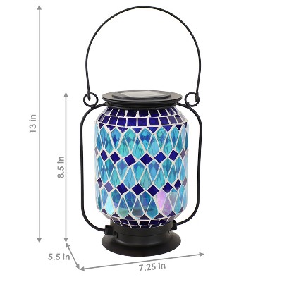 Cool Blue Mosaic Glass Solar LED Outdoor Lantern with Metal Frame