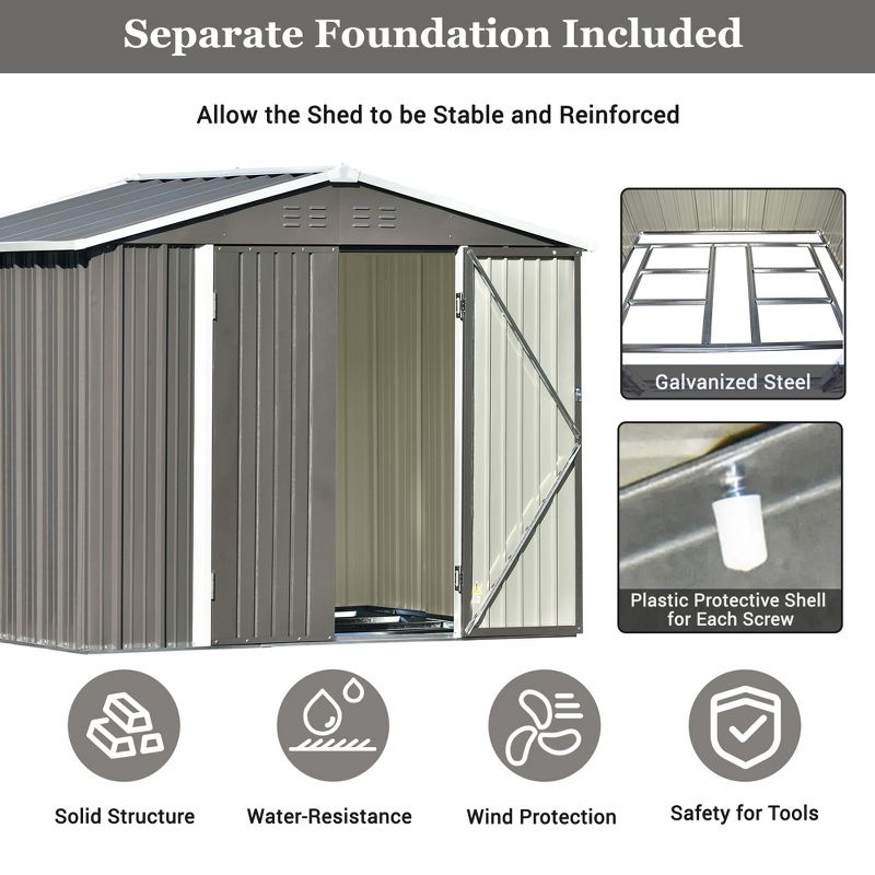 Patio 8ft x6ft Metal Storage Shed with Lockable Doors, Tool Cabinet with Vents and Foundation Frame-ModernLuxe, 5 of 14