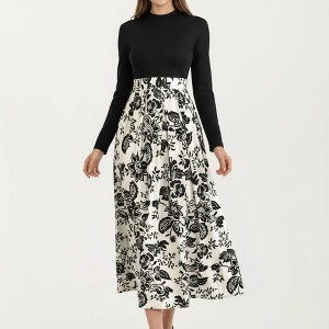 Anna-Kaci Women's Long Sleeve Mixed Media Midi Dress with Floral Skirt and Fitted  Bodice - X Large, Black : Target