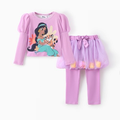 PATPAT Disney Princess Toddler Girls 2pcs Naiath Floral Puff-sleeve T-shirt with Tulle Skirt Leggings Set