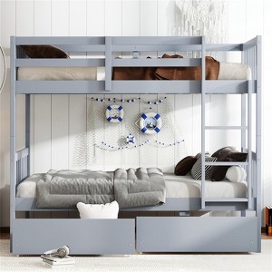 RISOKEYS Twin Over Twin Rubber Wood Bunk Bed with 2 Drawers - Convertible into 2 Twin Beds, Twin Size Bunk Bed with Ladder and Guardrails - 1 of 4
