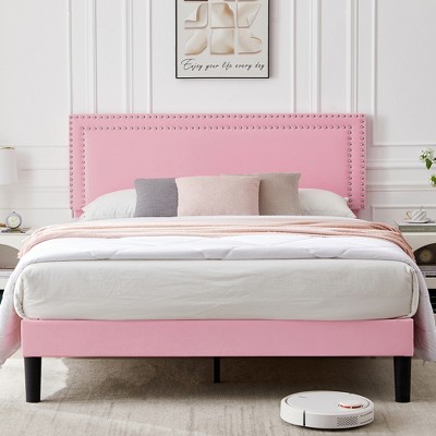 VECELO Upholstered Bed with Adjustable Headboard, Bed Frame