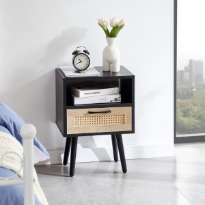 15.75" Rattan End table with drawer and solid wood legs, Modern nightstand, side table for living room, bedroom, black - 1 of 4