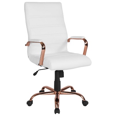 High Back Leather Executive Swivel Office Chair with Chrome Base and Arms White Leather/Rose Gold Frame - Riverstone Furniture