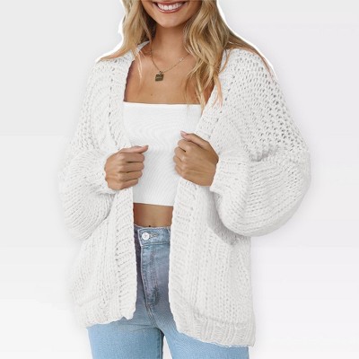 Women's Sweater Knit Cardigan with Pockets - Open Front Cable Knit Chunky Thick Sweater for Comfy Winter Knitwear,White - S