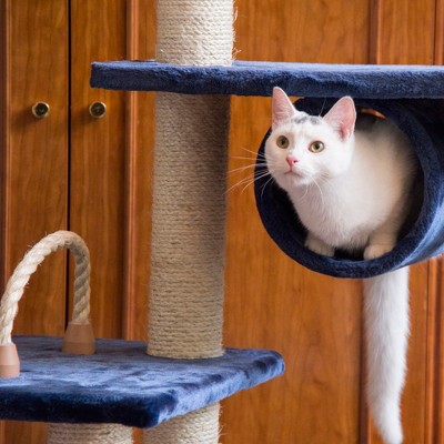 Navy Blue Sisal and Faux Fur Multi-Level Cat Tree Tower
