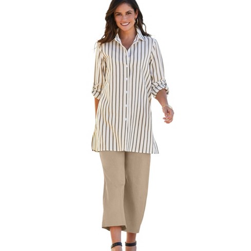 Jessica London Women’s Plus Size Linen Tunic, 18 W - New Khaki Stripe ...