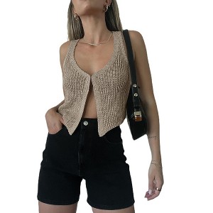 Womens Summer Vest Tank Top Knit Sweater Sleevless Cardigan Hook U Ncek Rib Crochet Cropped Front - 1 of 3
