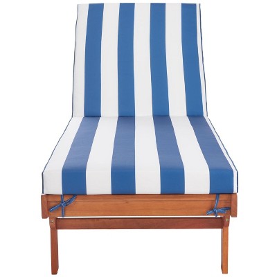 Natural Eucalyptus Wood Chaise Lounge with Blue and White Cushions