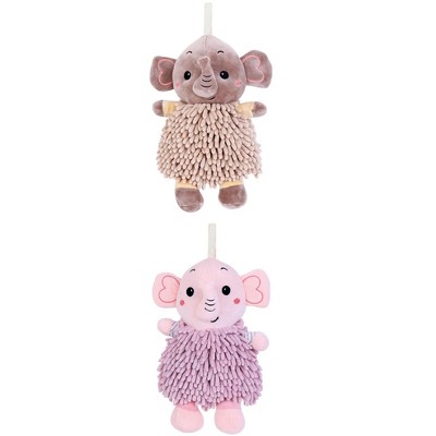REGALWOVEN 2 Packs Soft Absorbent Chenille Cute Cartoon Elephant Hand Towel with Hanging Loop 7" x 11"