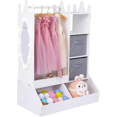Girls Dress Up Storage Armoire - Kids Costume Organizer with Lighted Mirror,Clothing Rack,Open Shelves,Storage Bins & 3 Hooks,White Princess Wardrobe