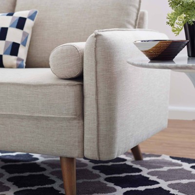 Beige Fabric Loveseat with Walnut Wood Legs