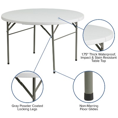Granite White 4-Foot Round Bi-Fold Plastic Folding Table with Handle