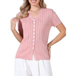 INSPIRE CHIC Women's Eyelet Stripe Summer V Neck Short Sleeve Knit Button Down Shirts - 1 of 4