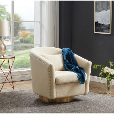 Ivory Velvet Swivel Barrel Chair with Wood Accents