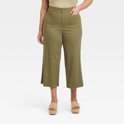 Women's High-Rise Cropped Wide Leg Pants - Ava & Viv™ Olive Green 28