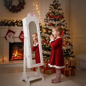 Angel Sar Heart Pattern Jewelry Cabinet for Kids, White MDF Mirror Jewelry Organizer with Door & Shelf, Storage for Necklaces, Hair Accessories - 1 of 4