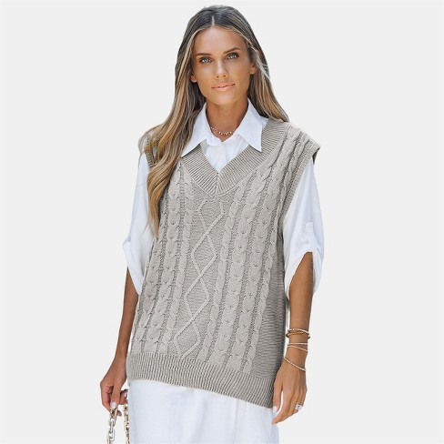 Women's Cable Knit V Neck Sweater Vest - Cupshe-m-gray : Target