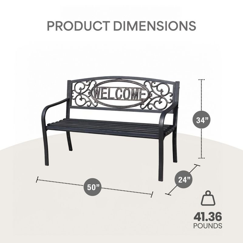 Four Seasons Courtyard Welcome Outdoor Park Bench Powder Coated Steel Frame Furniture Seat for Backyard Garden, Front Porch, or Walking Path, Black, 3 of 7