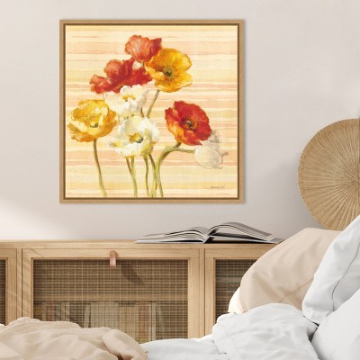 Dancing Poppies on Stripes Framed Canvas Wall Art