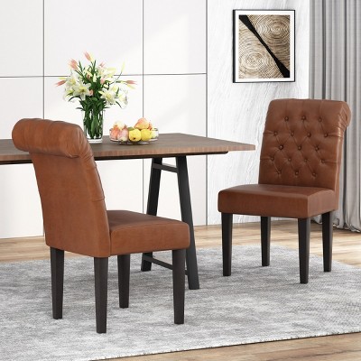 Set of 2 PU Leather Dining Chairs with Button-Tufted Rolltop Design, Padded Seat, and Sturdy Rubberwood Legs for Elegant Dining-Coolbibila