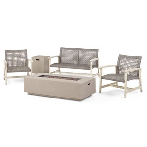 Christopher Knight Home Augusta Outdoor Acacia Wood and Wicker 4 Seater Chat Set with Fire Pit - 1 of 4