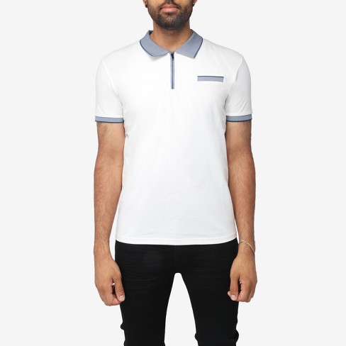 X RAY Men's Short Sleeve Zip-Neck Polo in WHITE/BLUE Size Large