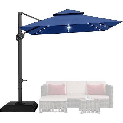 10ft Heavy Duty Cantilever Patio Umbrella with Solar LED Lights and Weighted Base, 2-Tier Aluminum Offset Outdoor Umbrella with 360-Degree Rotation