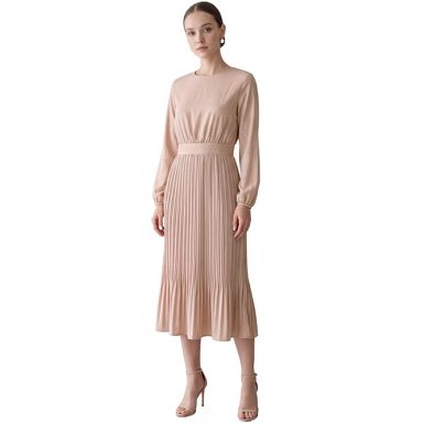 INSPIRE CHIC Women's Crew Neck Long Lantern Sleeve High Waisted Pleated A Line Flowy Midi Dress Medium Beige