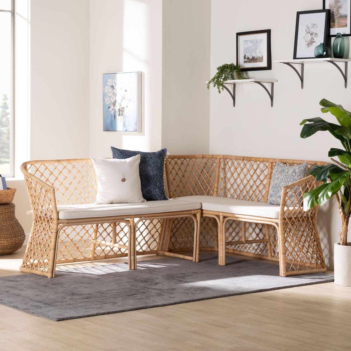 bali & pari Aysi Bohemian Rattan 2  Piece Dining Nook Bench Set Light Honey - thumbnail 7
