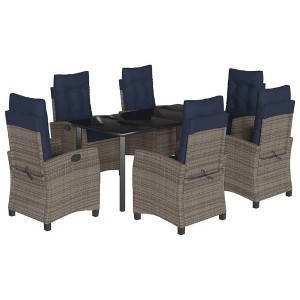 vidaXL 7-Piece Poly Rattan Patio Dining Set - Gray w/Navy Cushions, Adjustable Recliners, Tempered Glass Table for Garden/Outdoor Living - 1 of 4