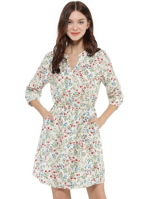 Allegra K Women's Button Front Floral Print Split Neck 3/4 Sleeves Mini Dresses