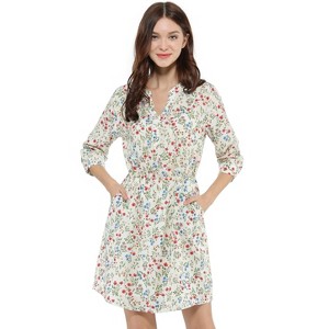 Allegra K Women's Button Front Floral Print Split Neck 3/4 Sleeves Mini Dresses - 1 of 4