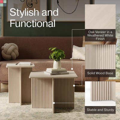 Square Fluted Nesting Coffee Table Set with Criss Cross Base, Light Brown Wood