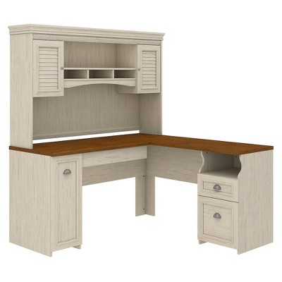 Fairview L Shaped Desk with Hutch Antique White - Bush Furniture