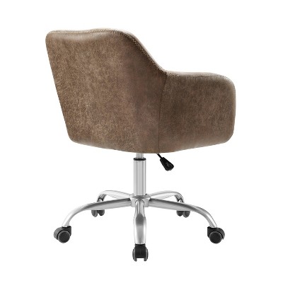 Rustic Brown Leather-Trimmed High-Back Task Chair with Zig-Zag Stitching