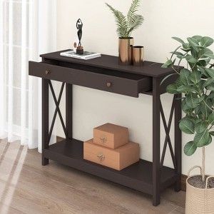ORRD Farmhouse Console Table with Drawer & Storage Shelves, Entryway Sofa Table for Living Room, Hallway Organizer，Black - 1 of 4