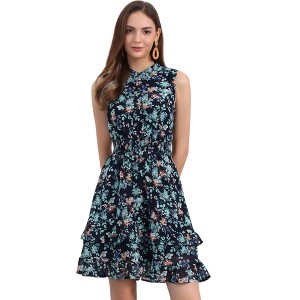 Allegra K Women's Regular Fit Floral A-line Smocked Waist Tiered Ruffled Chiffon Mini Dress - 1 of 4