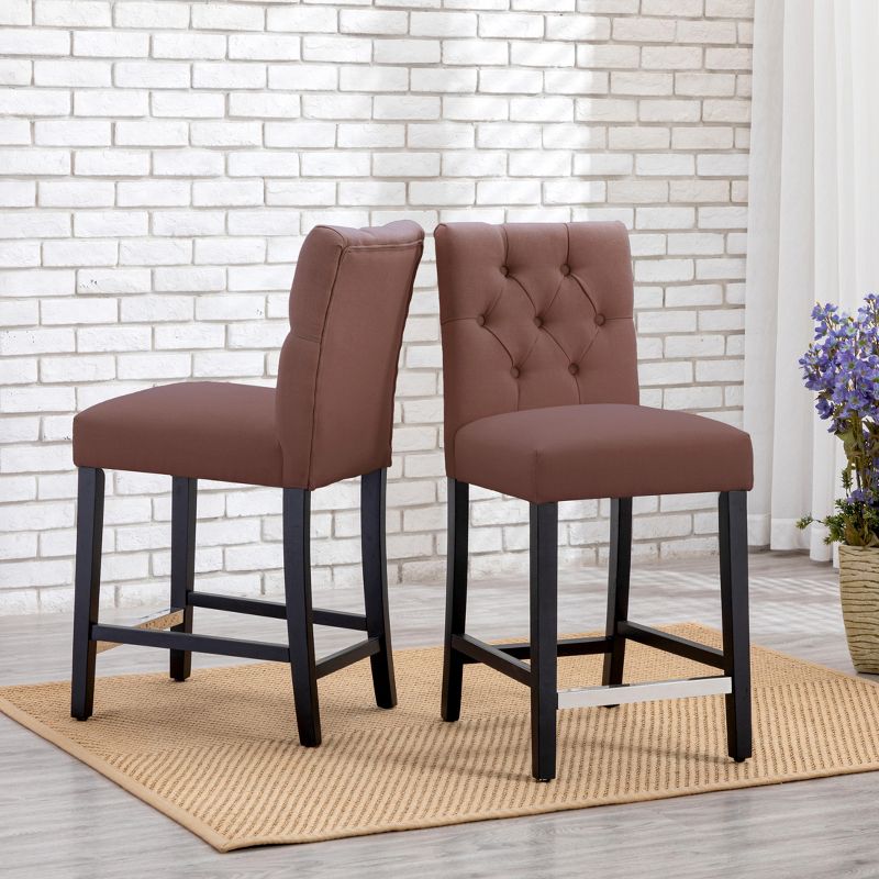 WestinTrends 24" Linen Fabric Tufted Counter Stool (Set of 2), Brown, 2 of 4