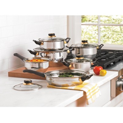 BrylaneHome 12 Piece Mirror Polish Stainless Steel Cookware Set With Bakelite Handles
