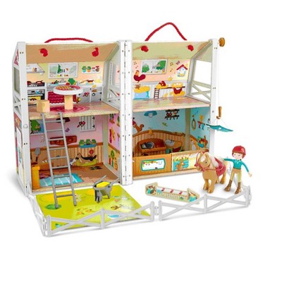 Hape HAP-E3409 Pony Ranch Barn Stable Club Playset Doll House with 2 Levels and Easy Carry Handle for Kids Ages 3 Years and Up