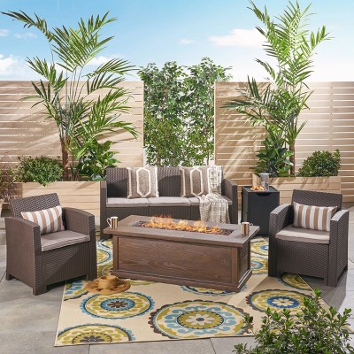 St. John's 5pc Wicker Print Chat Set with Fire Pit - Christopher Knight Home