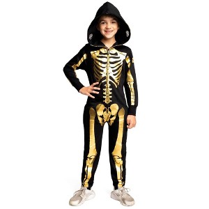 Tipsy Elves Kids Halloween Skeleton Costume - Comfy Easy Youth Jumpsuit - Front and Back Print with Zip Up Mask - 1 of 4
